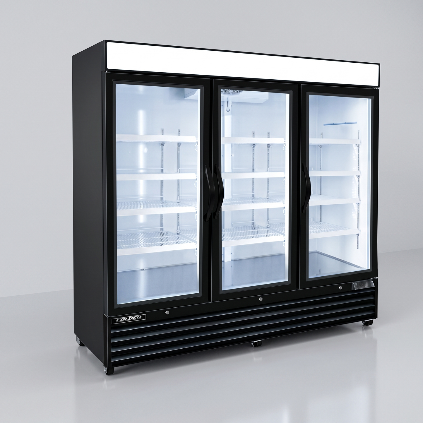 81" 3-Door Glass Freezer, Black Exterior, White Interior / Coldco Model BGD-72FDV-HC
