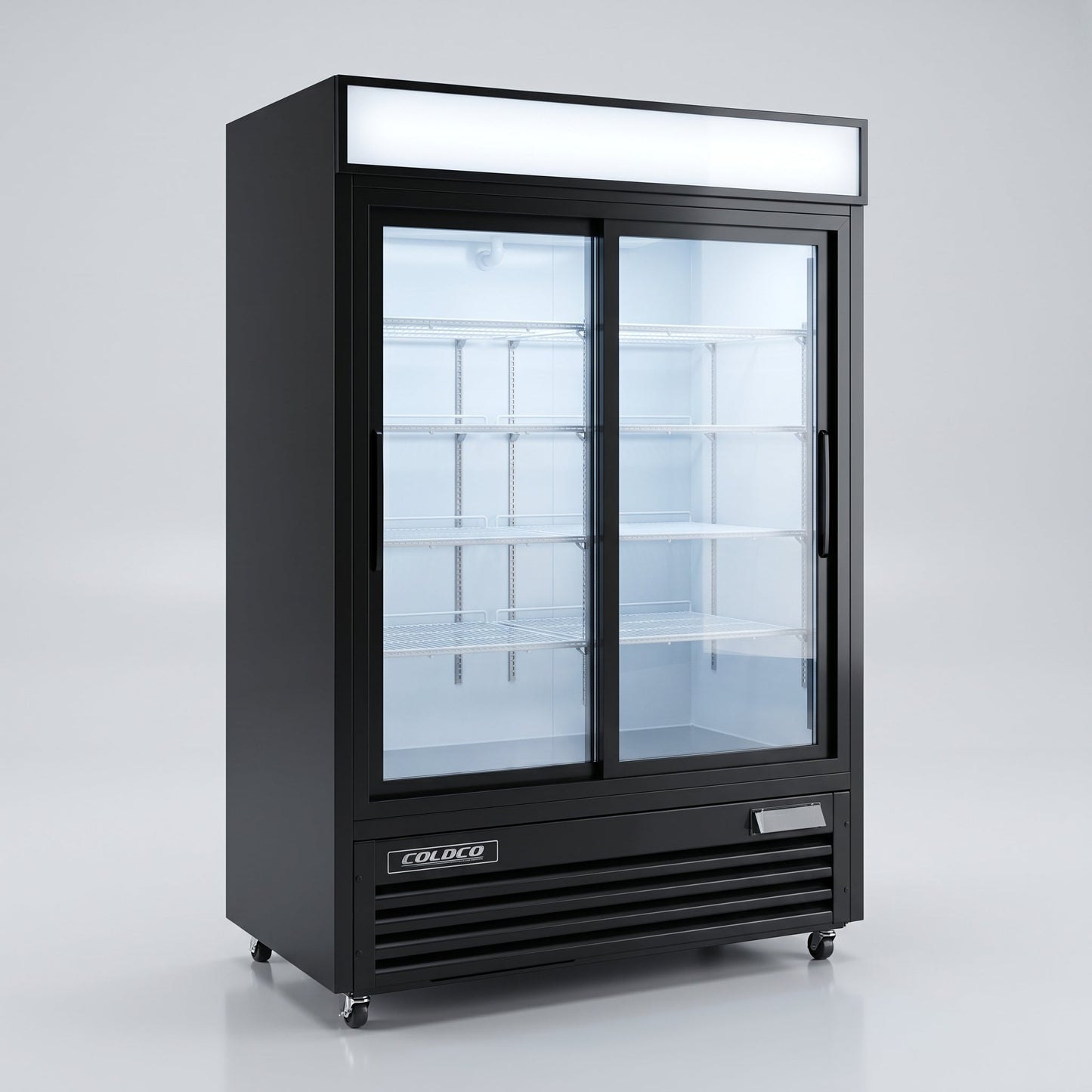 54" 2-Door Refrigerator, Sliding Glass Door, Black Exterior / Coldco Model BGD-47S-HC