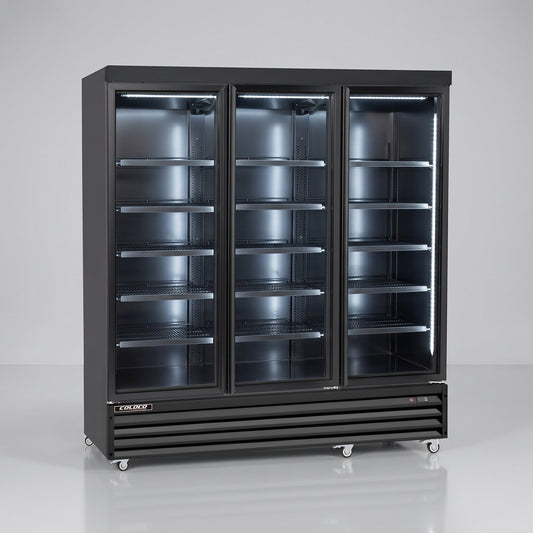 74" 3-Door Glass Refrigerator, Black Exterior & Interior / Coldco Model BGD-68R-HC
