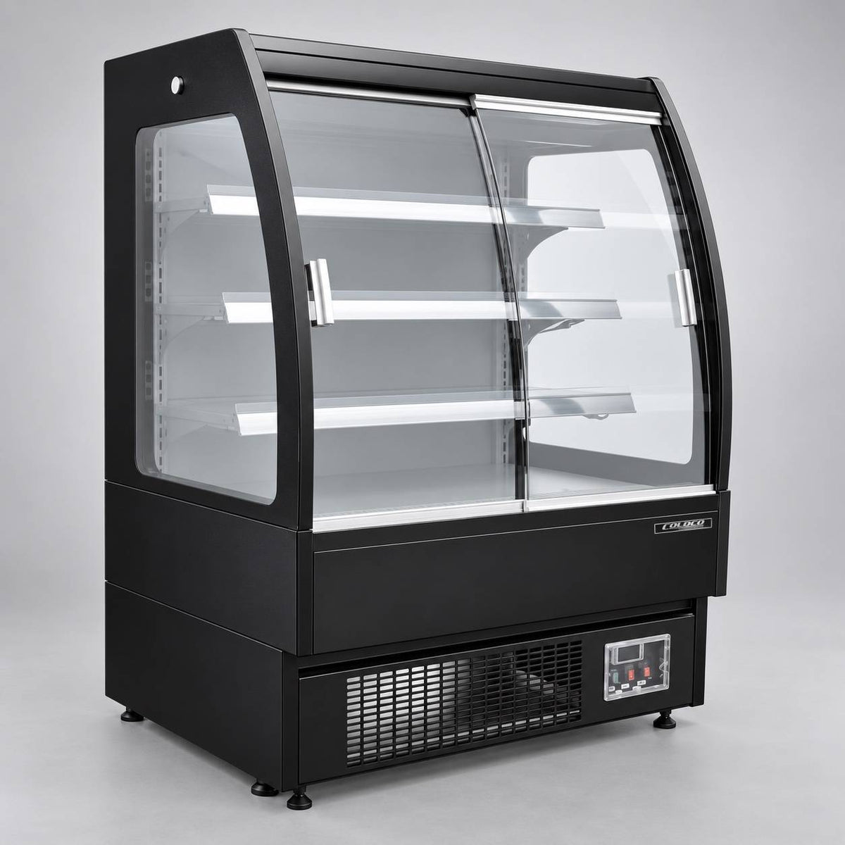 36" Low Profile Display Refrigerator, Two (2) Sliding Glass Curved Doors, Black exterior/interior / Coldco Model OM-36L-GC-B