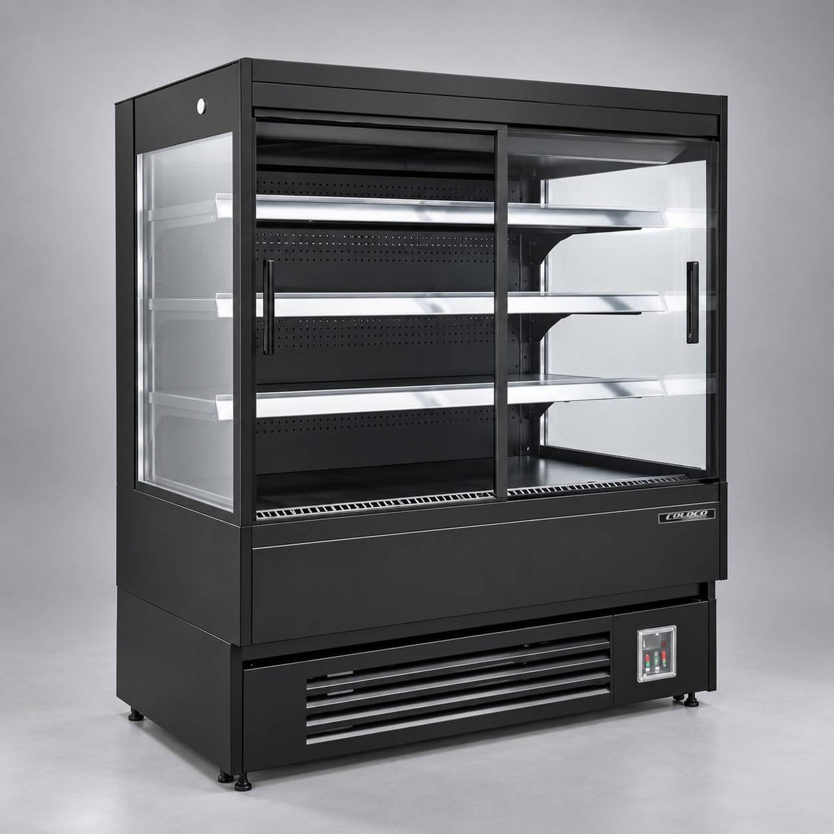 36" Low Profile Display Refrigerator, Two (2) Sliding Glass Doors, Black exterior/interior / Coldco Model OM-36L-GS-B